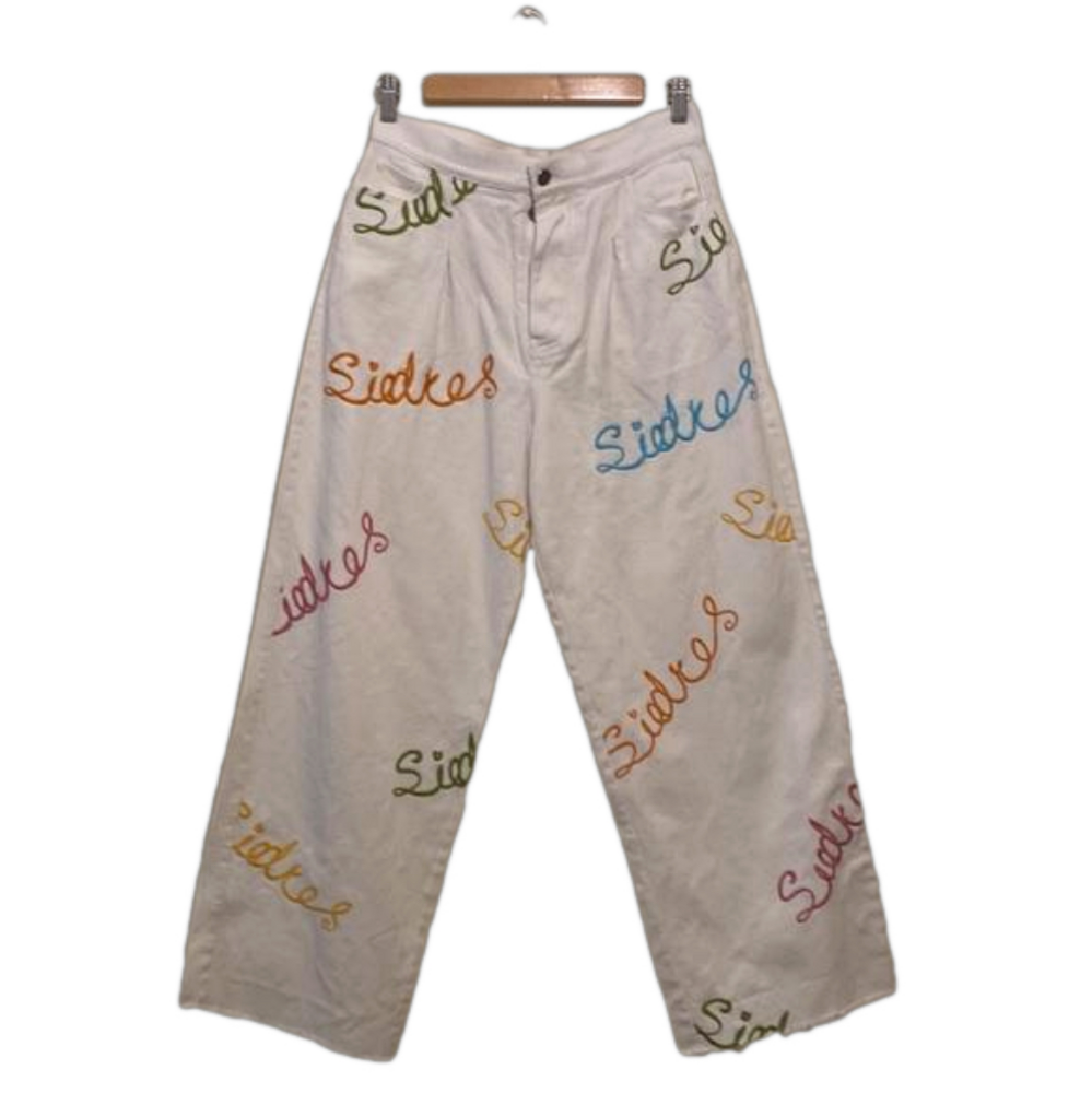 SIEDRES White Wide Leg Jeans with Multicolor Script Embroidery